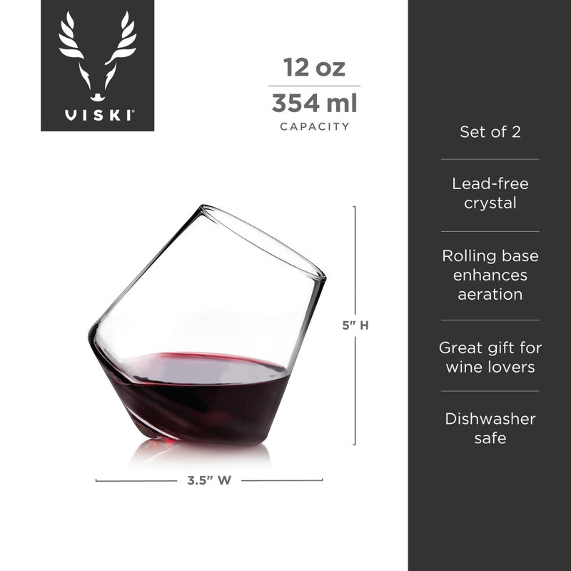 Viski Rolling Crystal Wine Glasses, Modern Wine Tumblers, Elegant Drinking Glasses for Red and White Wines, Wedding Gifts, Holiday Celebration, Birthday Party, Home Bar, Glassware Set of 2, 12 oz - Image 4